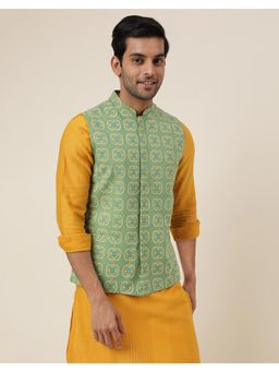 Fabindia - FabBasics Green Cotton Printed Slim Fit Nehru Jacket