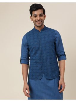 Fabindia - FabBasics Blue Cotton Printed Slim Fit Nehru Jacket