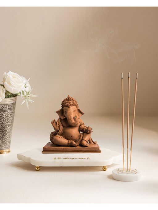 Marbleous Ganesh Chowki - With Engraving And Marble Agarbatti Stand