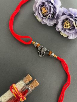 Digital Dress Room - Designer Rudraksha Rakhi German Silver Ganesha God Red Thread Rakhi