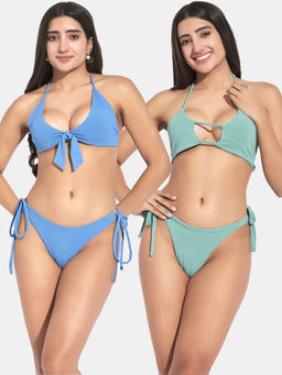 Secrets By ZeroKaata - Women Assorted Ribbed Halter Beach Wear Bra and Bikini (Set of 4)