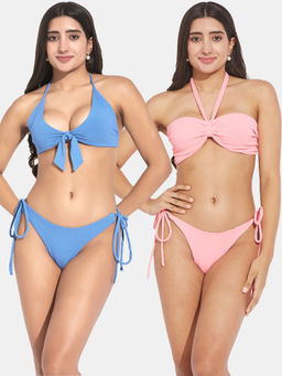 Secrets By ZeroKaata - Women Assorted Ribbed Halter Beach Wear Bra and Bikini (Set of 4)