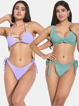 Secrets By ZeroKaata - Women Assorted Ribbed Halter Beach Wear Bra and Bikini (Set of 4)