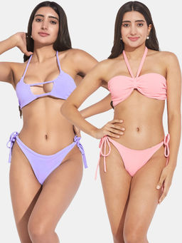 Secrets By ZeroKaata - Women Assorted Ribbed Halter Beach Wear Bra and Bikini (Set of 4)