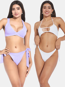 Secrets By ZeroKaata - Women Assorted Ribbed Halter Beach Wear Bra and Bikini (Set of 4)