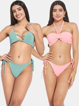 Secrets By ZeroKaata - Women Assorted Ribbed Halter Beach Wear Bra and Bikini (Set of 4)