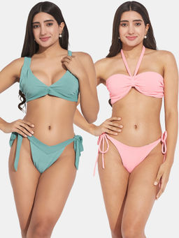 Secrets By ZeroKaata - Women Assorted Ribbed Halter Beach Wear Bra and Bikini (Set of 4)