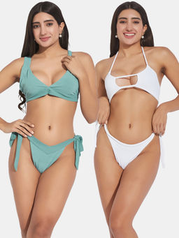 Secrets By ZeroKaata - Women Assorted Ribbed Halter Beach Wear Bra and Bikini (Set of 4)