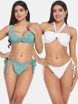 Secrets By ZeroKaata - Women Assorted Ribbed Halter Beach Wear Bra and Bikini (Set of 4)