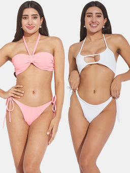 Secrets By ZeroKaata - Women Assorted Ribbed Halter Beach Wear Bra and Bikini (Set of 4)