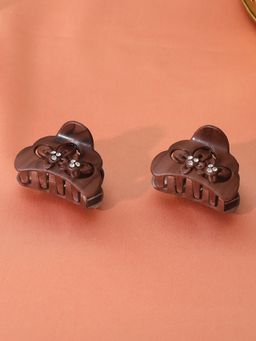 Estele - Brown Color Plastic D Shape Claw Hair Clip With White Stone for Women Pack-2