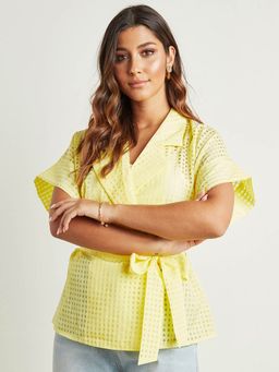 Styli - Yellow Checked Wrap Top With Waist Tie Up (Set of 2)