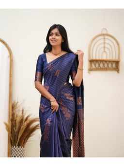Lush Glam - Navy Blue Jacquard Zari Saree with Unstitched Blouse Piece