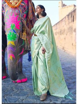 Lush Glam - Green Jacquard Zari Saree with Unstitched Blouse Piece