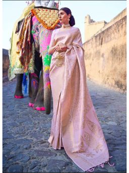 Lush Glam - Peach Jacquard Zari Saree with Unstitched Blouse Piece