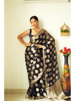 Lush Glam - Black Jacquard Zari Saree with Unstitched Blouse Piece
