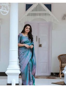 Lush Glam - Aqua Jacquard Zari Saree with Unstitched Blouse Piece