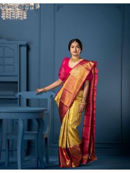 Lush Glam - Mustard Jacquard Zari Saree with Unstitched Blouse Piece