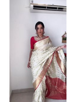 Lush Glam - White Jacquard Zari Saree with Unstitched Blouse Piece