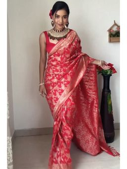 Lush Glam - Red Jacquard Zari Saree with Unstitched Blouse Piece