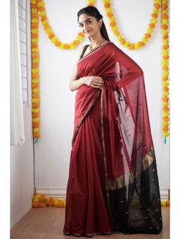 Lush Glam - Maroon Jacquard Zari Saree with Unstitched Blouse Piece