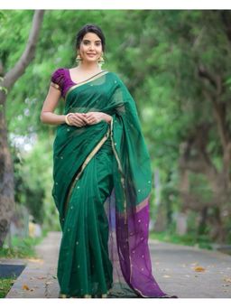 Lush Glam - Green Jacquard Zari Saree with Unstitched Blouse Piece