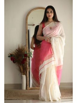 Lush Glam - Cream Jacquard Zari Saree with Unstitched Blouse Piece