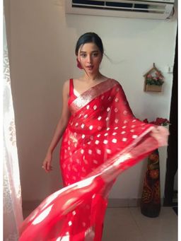 Lush Glam - Red Jacquard Zari Saree with Unstitched Blouse Piece