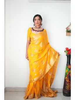 Lush Glam - Yellow Jacquard Zari Saree with Unstitched Blouse Piece
