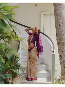 Lush Glam - Beige Jacquard Zari Saree with Unstitched Blouse Piece