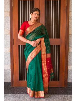 Lush Glam - Green Jacquard Zari Saree with Unstitched Blouse Piece