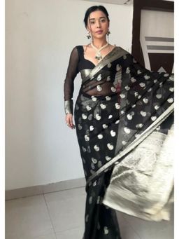 Lush Glam - Black Jacquard Zari Saree with Unstitched Blouse Piece