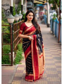 Lush Glam - Navy Blue Jacquard Zari Saree with Unstitched Blouse Piece