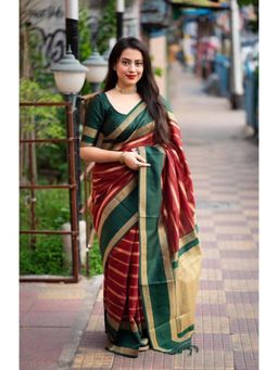 Lush Glam - Maroon Jacquard Zari Saree with Unstitched Blouse Piece