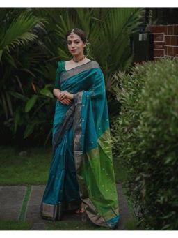 Lush Glam - Blue Jacquard Zari Saree with Unstitched Blouse Piece