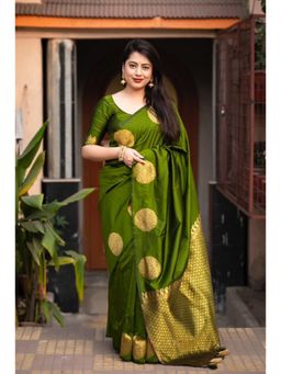 Lush Glam - Olive Jacquard Zari Saree with Unstitched Blouse Piece