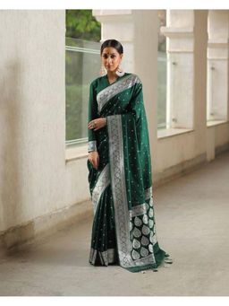 Lush Glam - Green Jacquard Zari Saree with Unstitched Blouse Piece