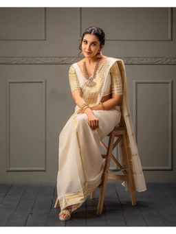 Lush Glam - Cream Jacquard Zari Saree with Unstitched Blouse Piece