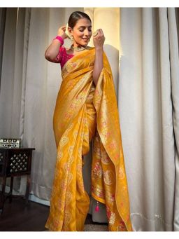 Lush Glam - Mustard Jacquard Zari Saree with Unstitched Blouse Piece