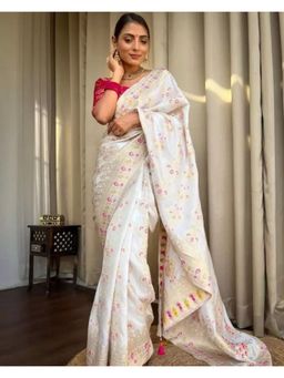 Lush Glam - Cream Jacquard Zari Saree with Unstitched Blouse Piece