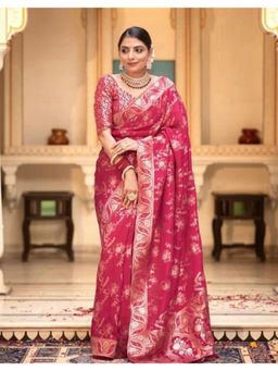 Lush Glam - Pink Jacquard Zari Saree with Unstitched Blouse Piece