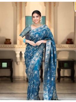 Lush Glam - Blue Jacquard Zari Saree with Unstitched Blouse Piece