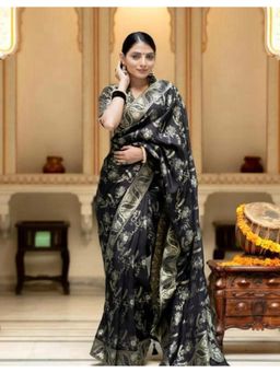 Lush Glam - Black Jacquard Zari Saree with Unstitched Blouse Piece