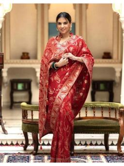 Lush Glam - Red Jacquard Zari Saree with Unstitched Blouse Piece