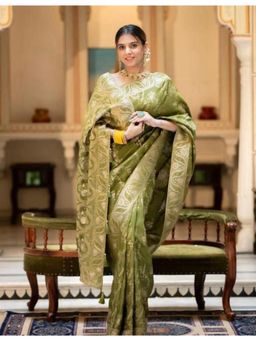 Lush Glam - Olive Jacquard Zari Saree with Unstitched Blouse Piece
