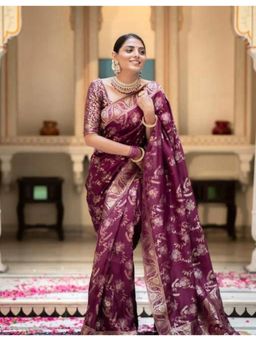 Lush Glam - Wine Jacquard Zari Saree with Unstitched Blouse Piece