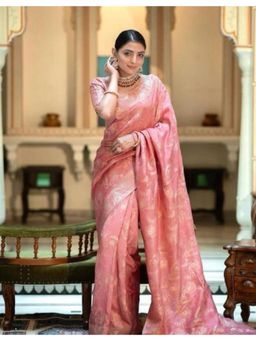 Lush Glam - Peach Jacquard Zari Saree with Unstitched Blouse Piece
