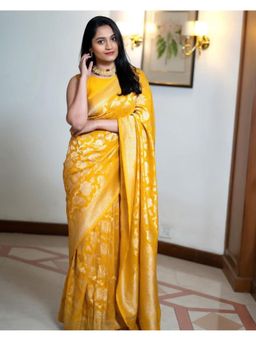 Lush Glam - Yellow Jacquard Zari Saree with Unstitched Blouse Piece