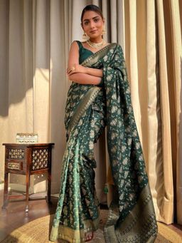 Lush Glam - Green Jacquard Zari Saree with Unstitched Blouse Piece