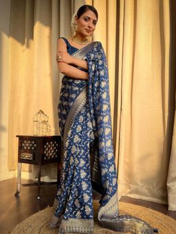 Lush Glam - Navy Blue Jacquard Zari Saree with Unstitched Blouse Piece